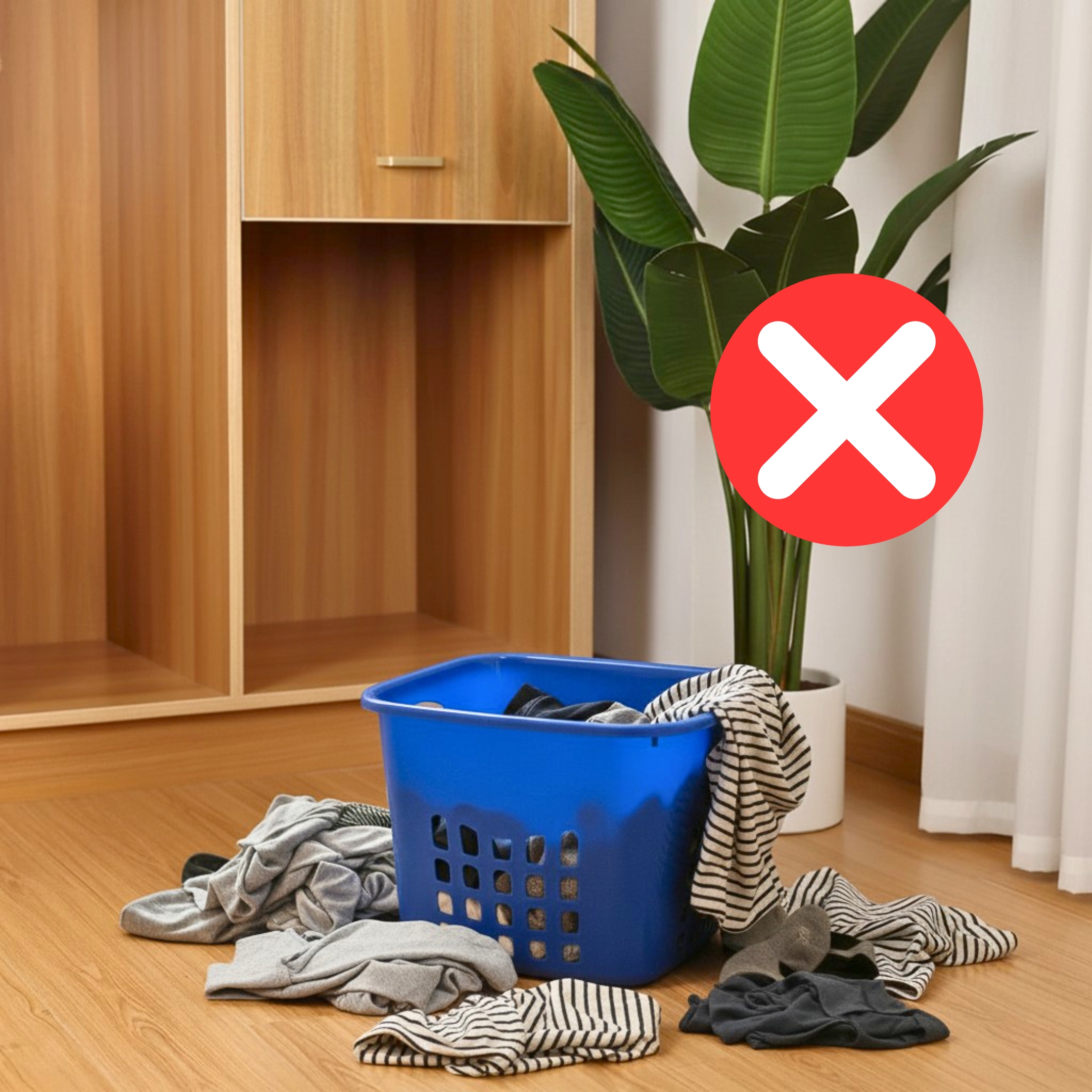 Cesto de plástico desentonando en un cuarto ordenado.